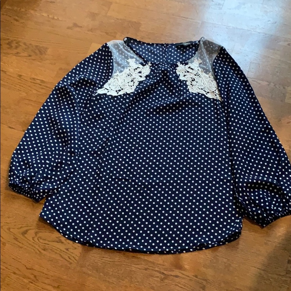 Suzanne Betro polka top navy blue top with lace